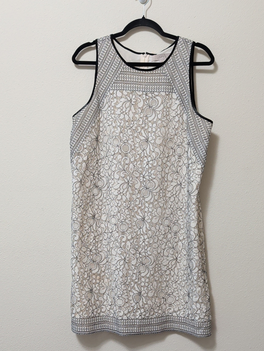 LOFT White Lace Overlay Sleeveless Sheath with Black Trim